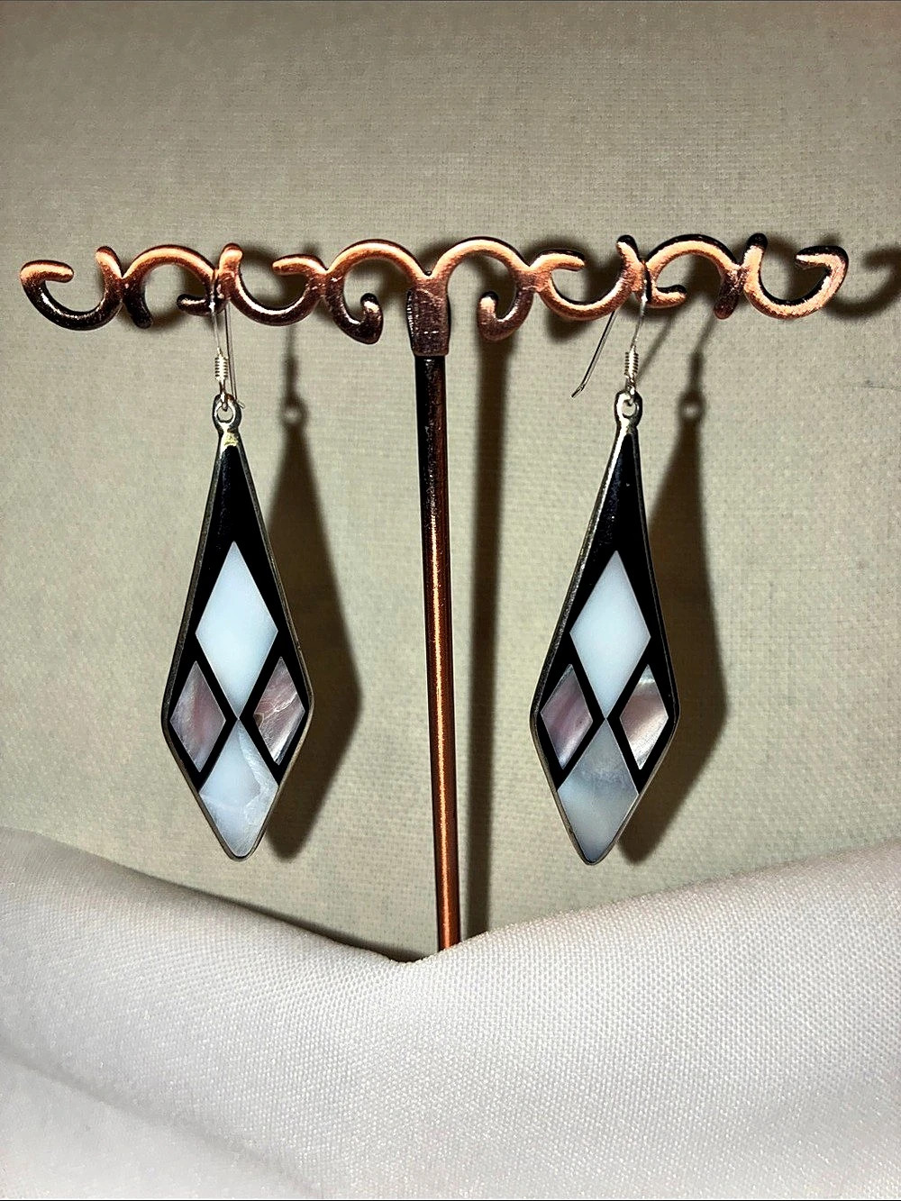 Geometric Inlay Drop Earrings in Black & White